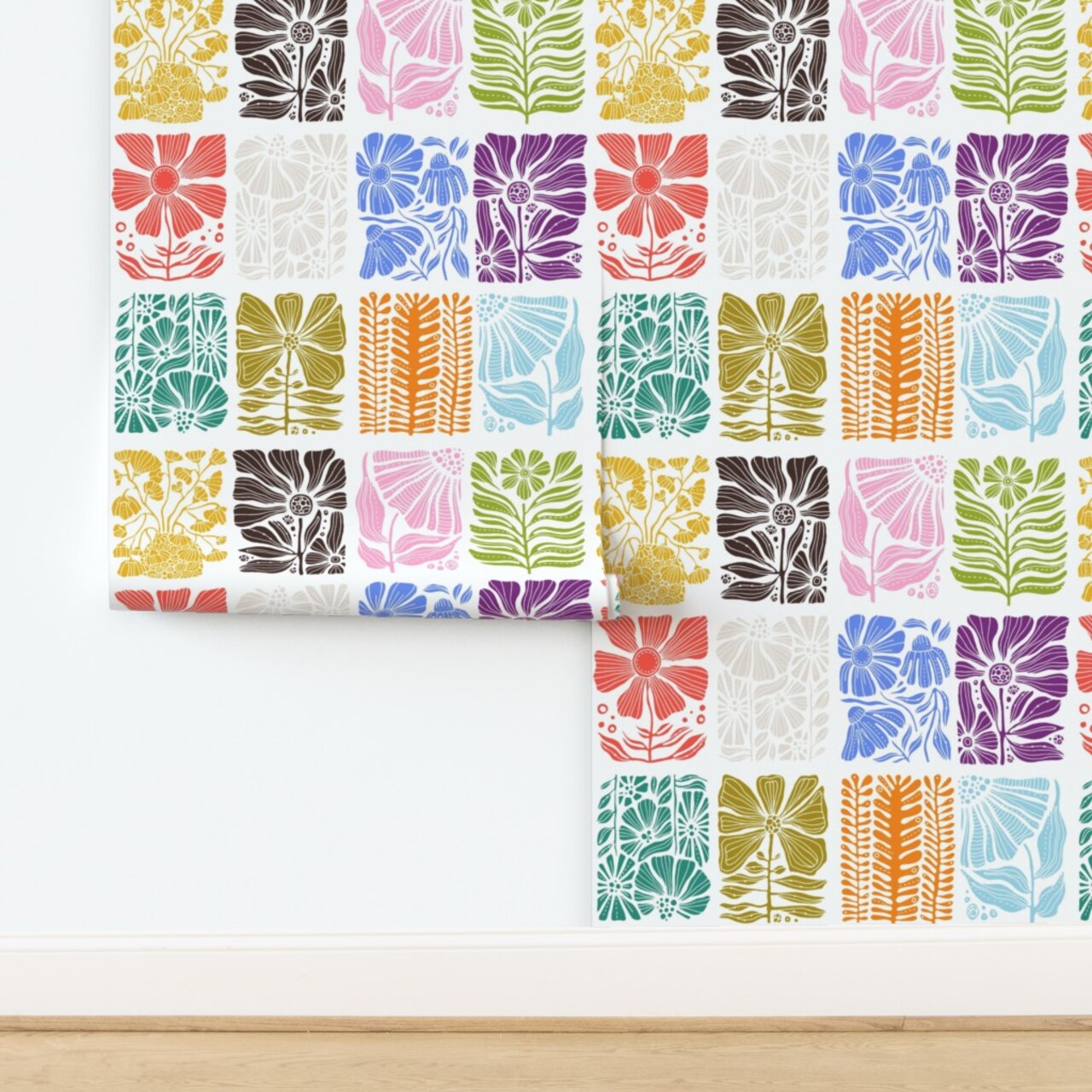 Colorful Floral Botanical Block Print Tiles Mcm Stamped Flowers Custom Removable Wallpaper by Spoonflower Peel & Stick Wallpaper 2FT Wide
